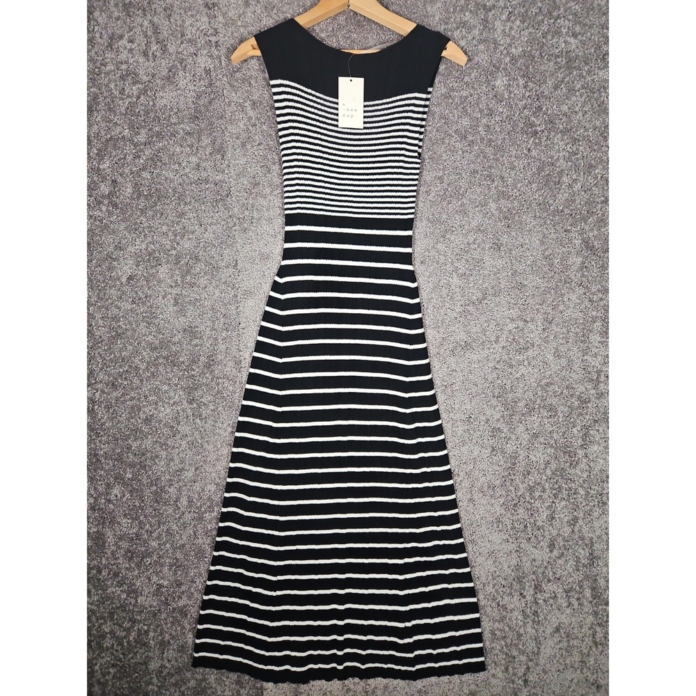 Womens A New Day Black/White Stripe Sleeveless Knit  Midi/Long Sweater Dress  S